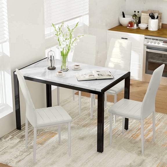 MIERES 5-Piece Dining Table Set for 4 - Faux Marble Kitchen Table with 4 PU Leather Chairs, Metal Frame, Easy Assembly, Small Space Friendly, Modern White & Black Dining Room Set