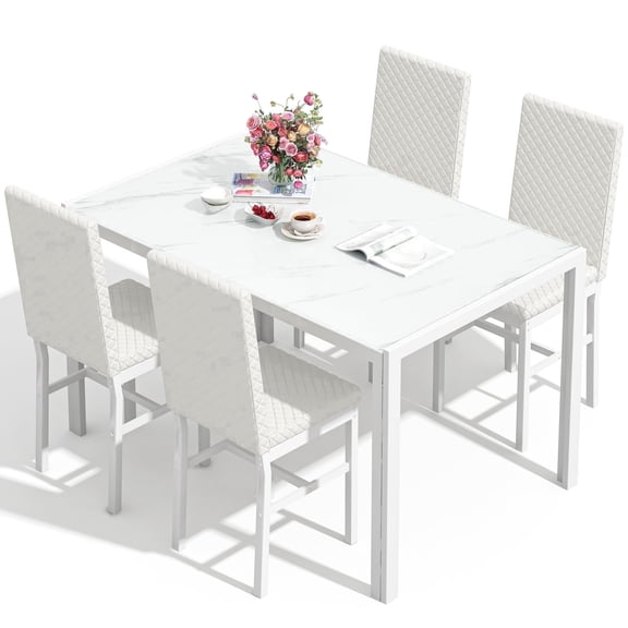 MIERES 5-Piece Dining Set: Glass and Metal Dining Table with 4 PU Leather Chairs, 4-Person White Dining Set, Small Dining Table, Ideal for Kitchens and Apartments, White