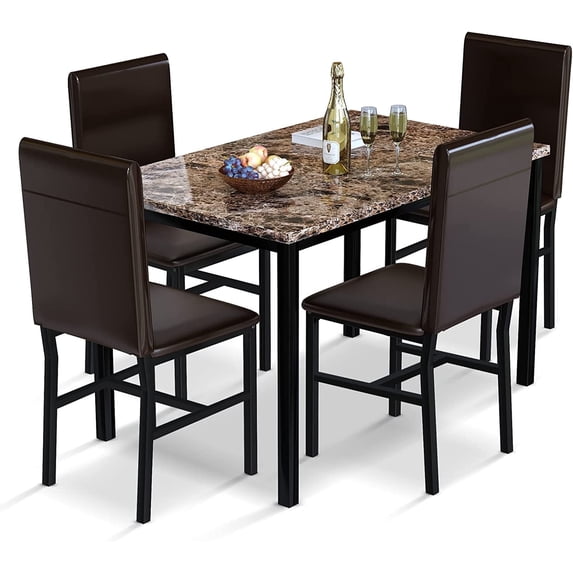 MIERES 5-Piece Dining Table Set for 4, Faux Marble Kitchen Table and 4 Chairs, Modern Dining Room Table with 4 Chairs, Dinner Table Set for Small Spaces, Brown