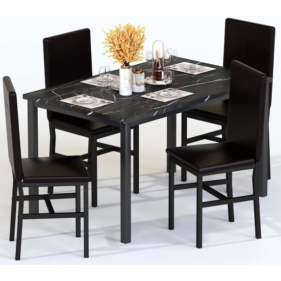 MIERES 5 Piece Dining Table Set for 4,Faux Marble Kitchen Table and Chairs for 4, Modern Dining Room Table with 4 Chairs,Dinner Table Set for Small Spaces, Black