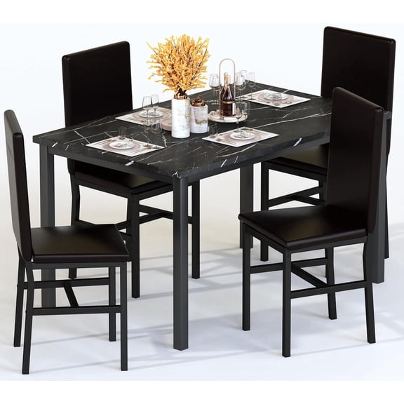 MIERES 5 Piece Dining Table Set for 4,Faux Marble Kitchen Table and Chairs for 4, Modern Dining Room Table with 4 Chairs,Dinner Table Set for Small Spaces, Black