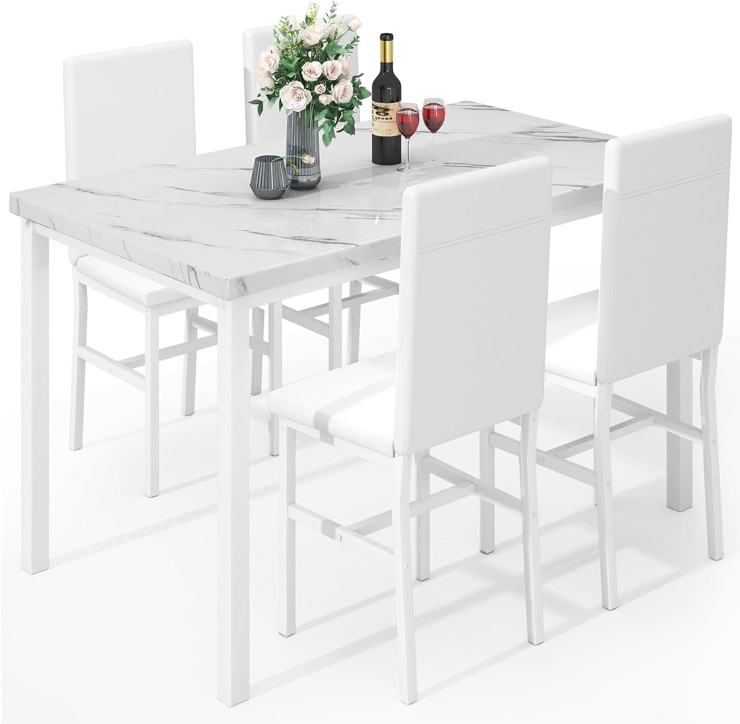 MIERES 5-Piece Dining Table Set for 4 with Faux Marble Top & Velvet ...