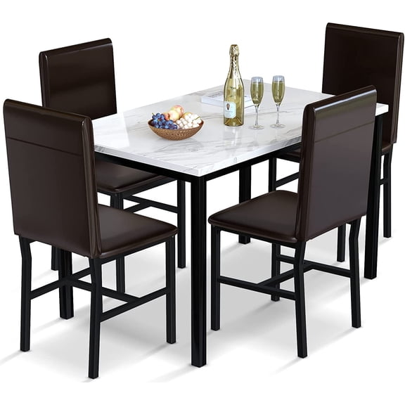 MIERES 5 Piece Dinning Table Sets for 4, Marble Kitchen Table and Chairs for 4,Dining Room Table Set with PU Leather Chairs,Faux Marble Dining Set for Small Spaces,Living Room,White+Brown
