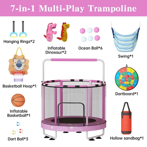 MIERES 55" Kids Trampoline with Swing & Basketball Hoop, 500lbs Heavy Duty Reinforced Frame, 7-in-1 Indoor/Outdoor Play Center with Safety Net for Toddlers Ages 3-8,Pink Cloud