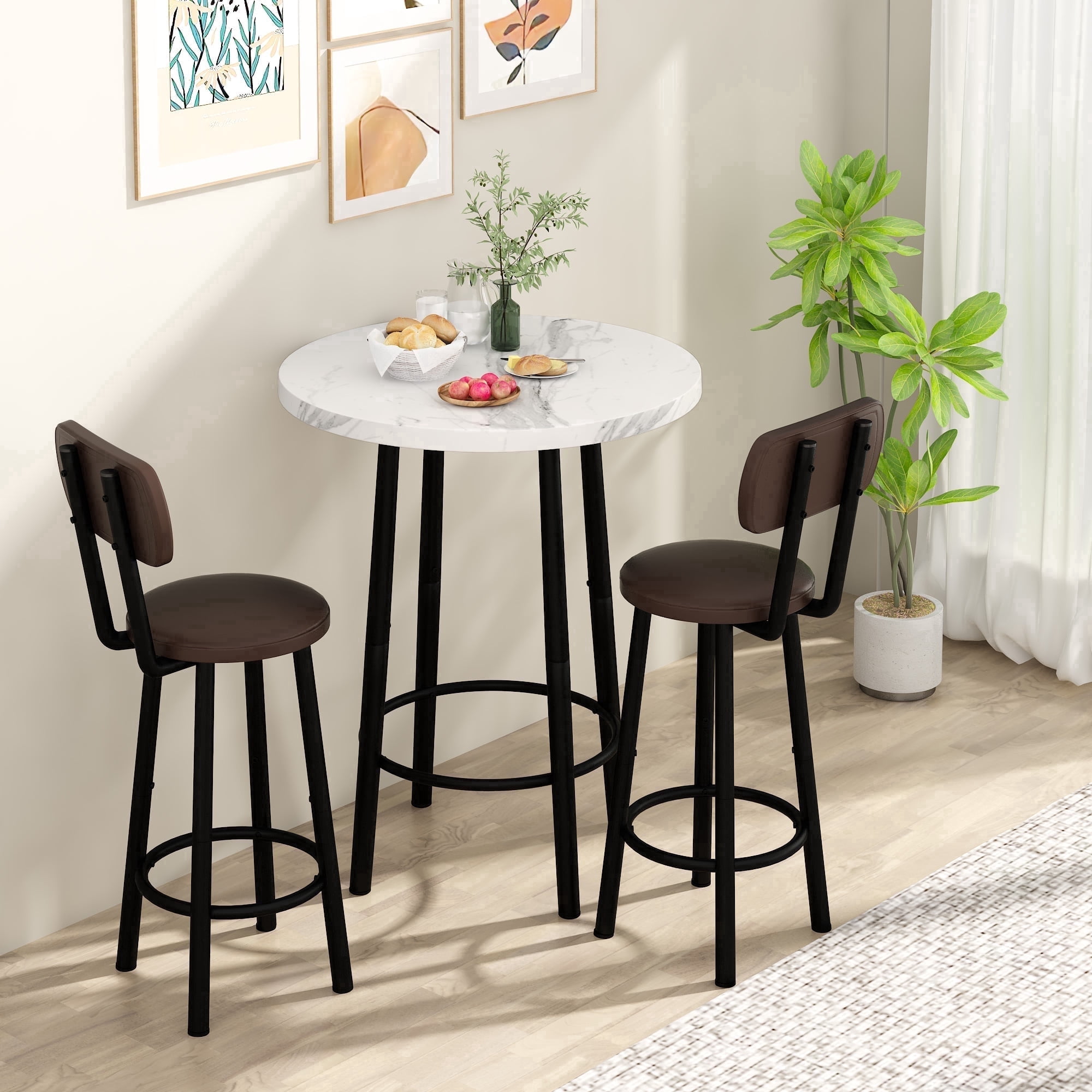 MIERES Round Marble Dining Table Set, 2-Seater Kitchen Dining Set with Two Bar Stools, Compact Dining Table, White
