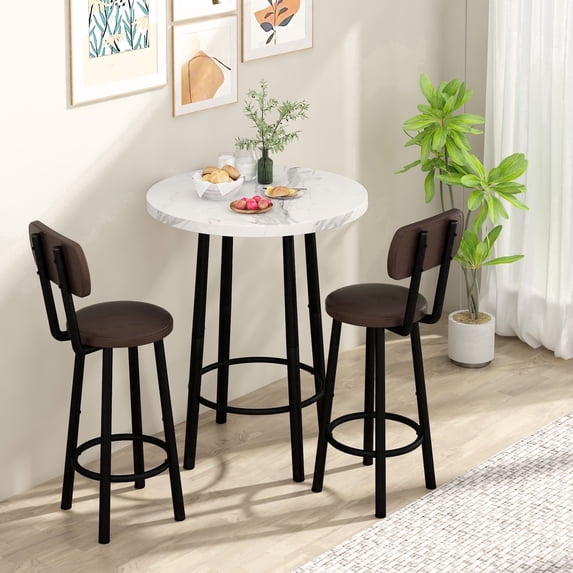 MIERES Round Marble Dining Table Set, 2-Seater Kitchen Dining Set with Two Bar Stools, Compact Dining Table, White