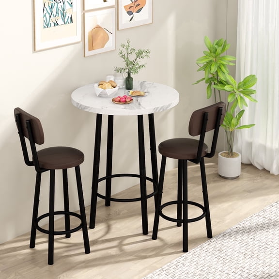 MIERES Round Marble Dining Table Set, 2-Seater Kitchen Dining Set with Two Bar Stools, Compact Dining Table, White