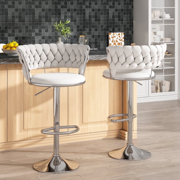 MIERES Backrest Hollow Bar Chair Set of 2, Adjustable Height Swivel Pub Chairs with Woven Back, Counter Height Dining Chairs with Footrest, 360° Rotating Kitchen Island Stools for Home & Bar, White