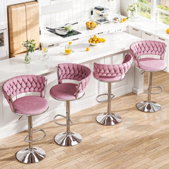 MIERES Backrest Hollow Bar Chair Set of 4, Adjustable Height Swivel Pub Chairs with Woven Back, Counter Height Dining Chairs with Footrest, 360° Rotating Kitchen Island Stools for Home & Bar, Pink
