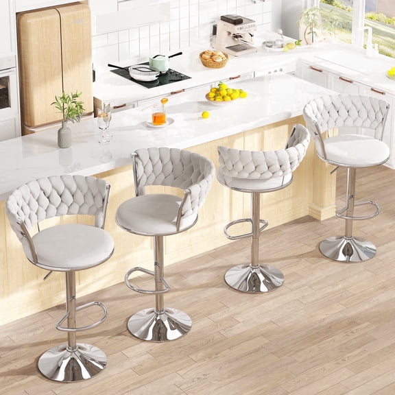 MIERES Backrest Hollow Bar Chair Set of 4, Adjustable Height Swivel Pub Chairs with Woven Back, Counter Height Dining Chairs with Footrest, 360° Rotating Kitchen Island Stools for Home & Bar, White