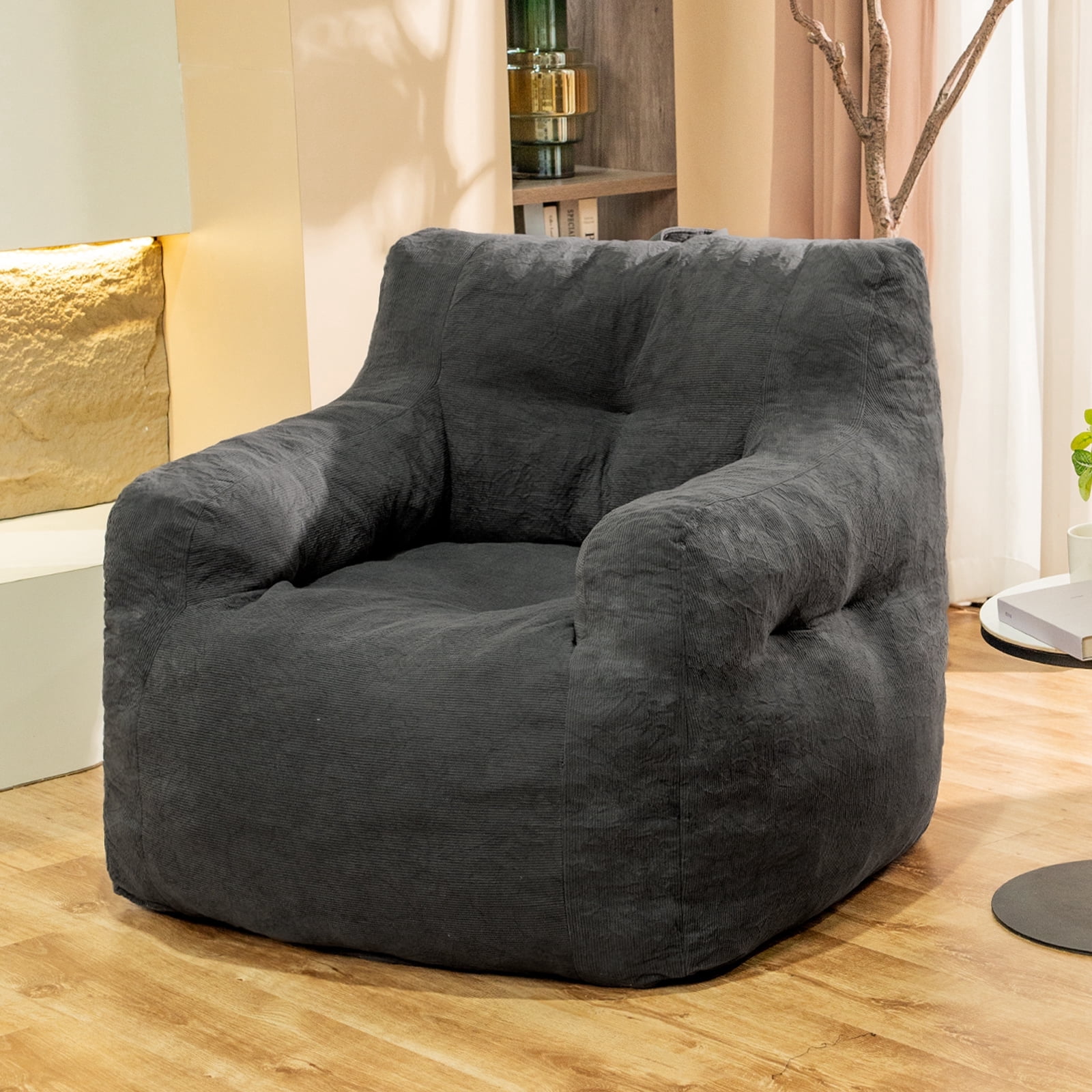 MIERES Bean Bag Chair for Adult Small Bean Bag Chairs with Arms Furry Beanbag Chair with Foam Filler Stuffed Bean Bag Sofa for Reading in Bedroom Living Room and Dorms (Gray)