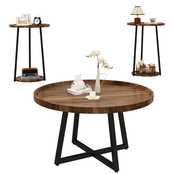 MIERES Coffee Table and End Table Sets, Round Coffee Table Set & 2 End Side Tables, Easy Assembly Vintage Living Room Table Set of 3, Suitable for Offices, Living Rooms and Apartments, Brown