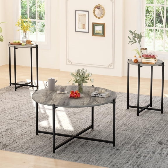 MIERES Coffee Table Set of 3, Modern Faux Marble Top with Golden Frame, 1 Coffee Table & 2 Accent Table, Living Room Table Set, for Apartment, Office and So on, Grey