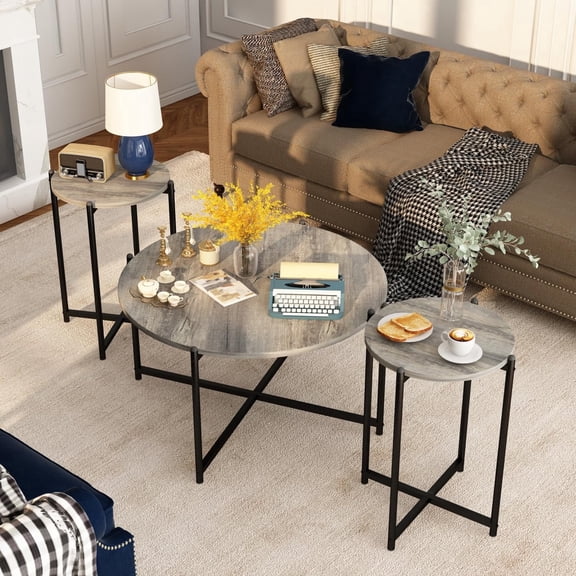 MIERES Coffee Table Set of 3, Modern Faux Marble Top with Golden Frame, 1 Coffee Table & 2 Accent Table, Living Room Table Set, for Apartment, Office and So on, Grey