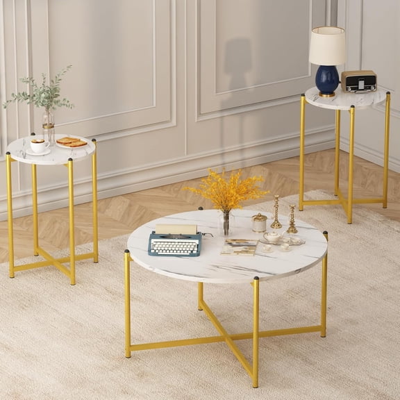 MIERES Coffee Table Set of 3,Modern Faux Marble Top with Golden Frame,1 Coffee Table & 2 Accent Table, Living Room Table Set, for Apartment,Office and So on-White & Gold