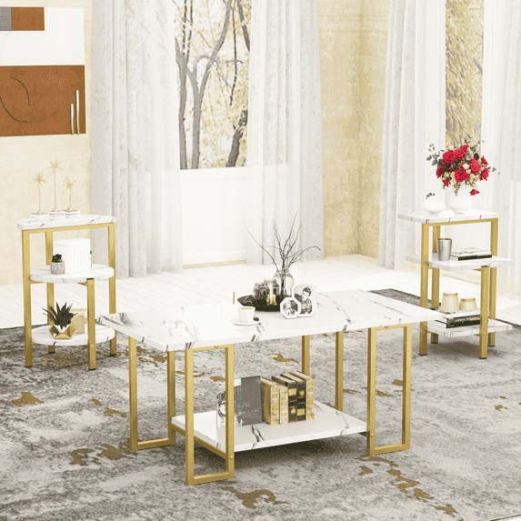MIERES Coffee Table Set, Modern Rectangular Coffee Table with Two Side Tables, Metal Frame, Suitable for Living Rooms and Apartments, Center Table, Three-Piece Coffee Table Set,Gold/White