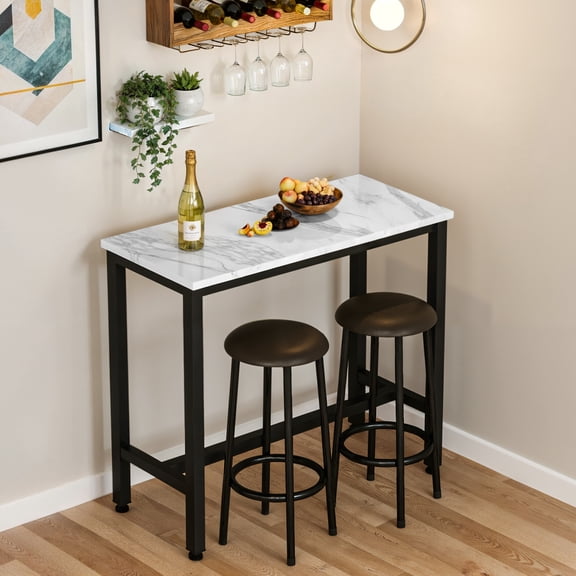 MIERES Contemporary Rectangular Marble Look Bar Table with 2 Upholstered Bar Stools, 3-Piece Counter Height Bar Furniture Set