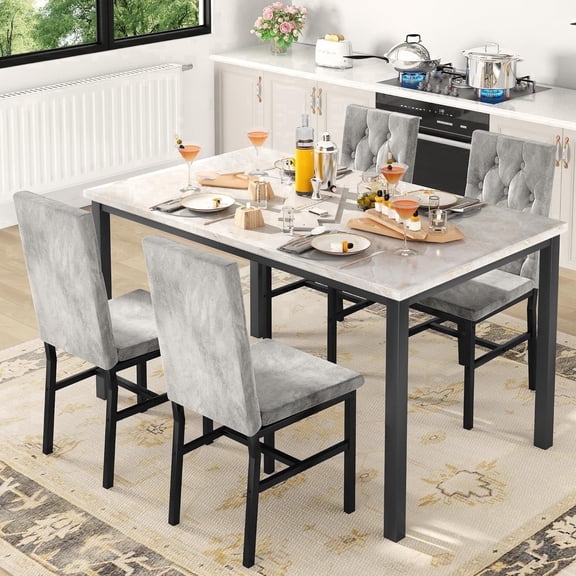 MIERES Dining Set, Marble Kitchen Table and Chair Set with Four Velvet Upholstered Chairs, Suitable for Dining Rooms, Breakfast Nooks, Apartments, Beige+Gray