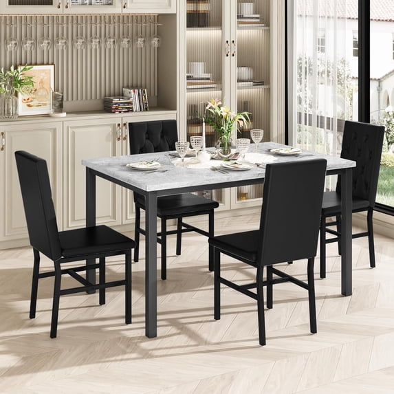 MIERES Dining Set, Marble Kitchen Table and Chair Set with Four Velvet Upholstered Chairs, Suitable for Dining Rooms, Breakfast Nooks, Apartments, Gray+Black