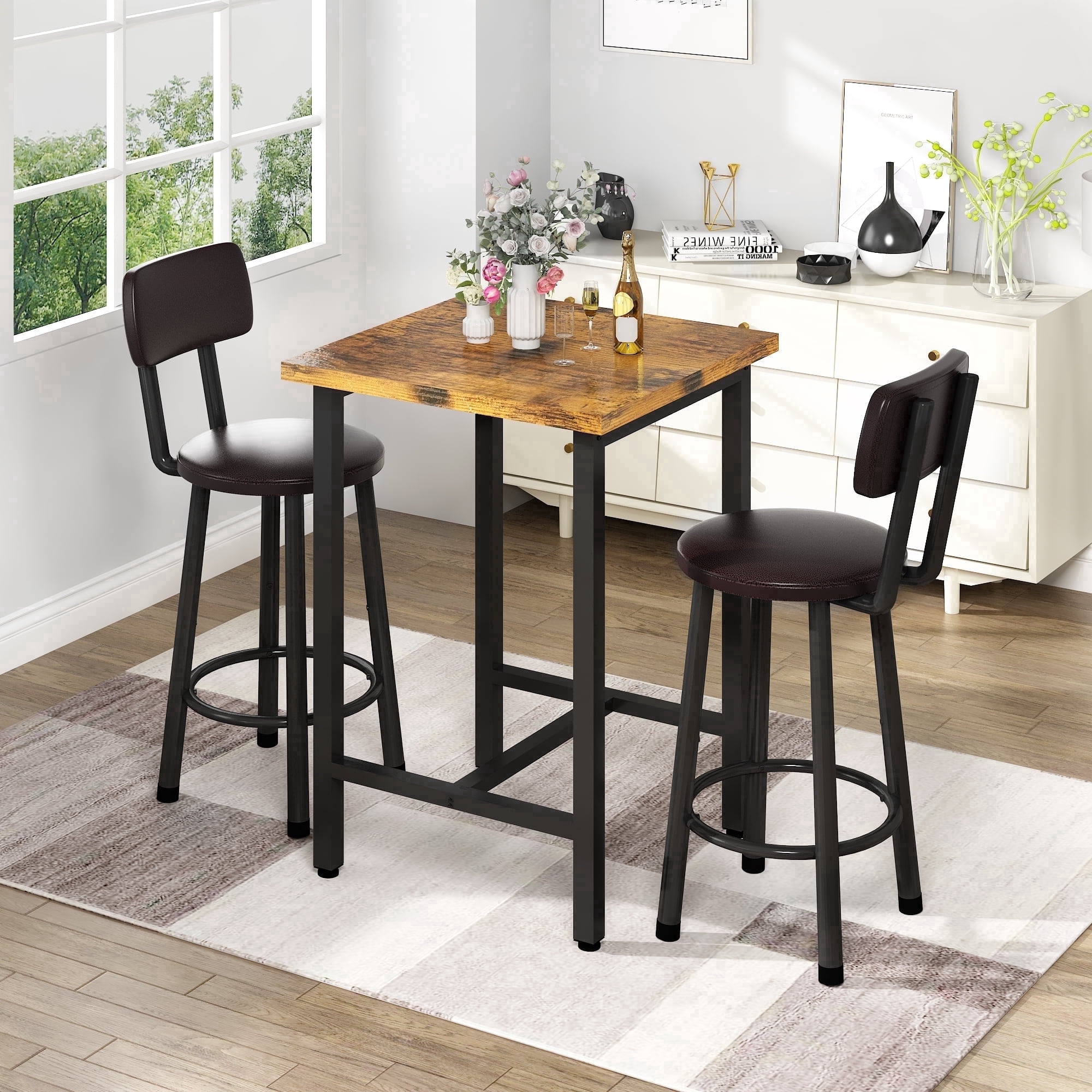 MIERES Dining Set, 2-Person Kitchen Dining Set, Solid Wood Dining Table with Two Chairs, Square Kitchen Dining Set (3-Piece), Brown
