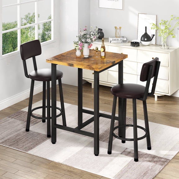 MIERES Dining Set, 2-Person Kitchen Dining Set, Solid Wood Dining Table with Two Chairs, Square Kitchen Dining Set (3-Piece), Brown
