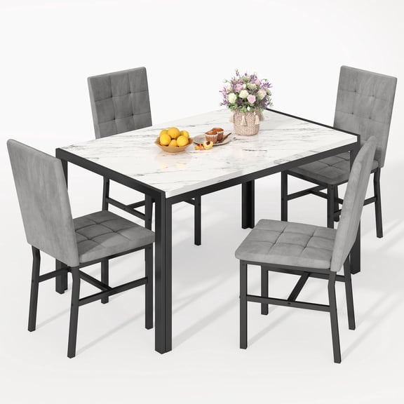 MIERES Dining Table Set for 4,Faux Marble Kitchen Table and Chairs Set of 4, Modern Dining Room Set for 4,Dinner Table Set with Velvet Chairs, Dining Set for Small Spaces,White & Grey