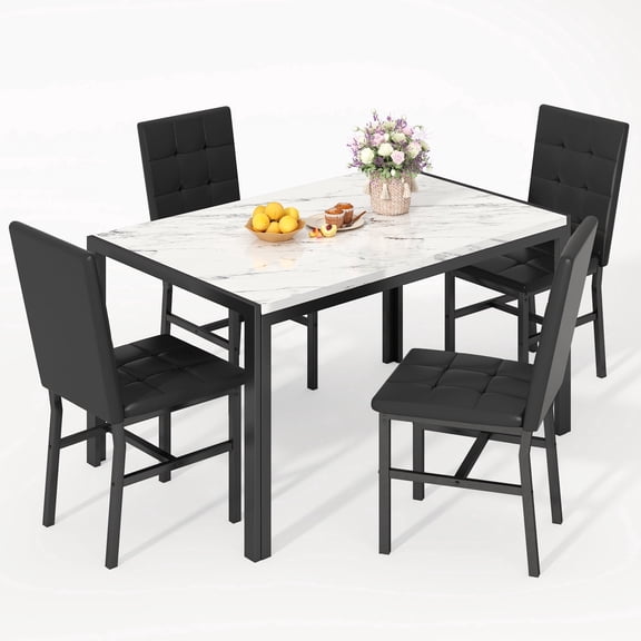 MIERES Dining Table Set for 4,Faux Marble Kitchen Table and Chairs Set of 4, Modern Dining Room Table Set for 4,Dinner Table with 4 Leather Chairs, Dinette Set for Small Spaces (White & Black)
