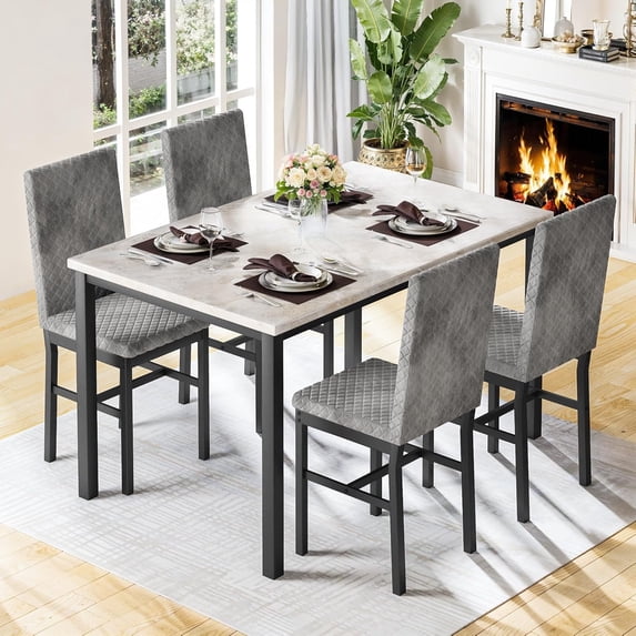 MIERES Dining Table Set for 4, Modern 5 Piece Dining Table Set, Faux Marble Kitchen Table and 4 Velvet Upholstered Chairs for Apartments, Dining Rooms, Small Spaces, Beige/Gray