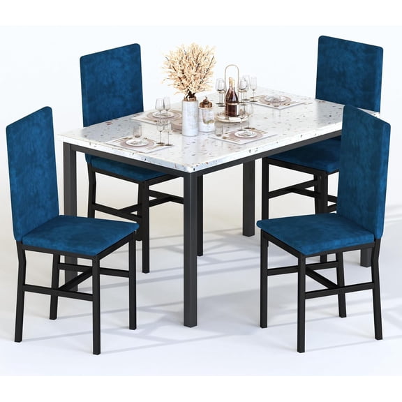 MIERES Dining Table Set for 4, Modern Marble Dining Table Set with 4 Upholstered Velvet Chairs, Dining Room Table Set for Kitchen, Breakfast Nook, Dining Room, Blue