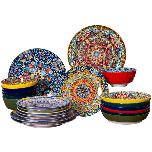 MIERES Ethnic Floral Ceramic Tableware Set, Bohemian Decorative Plates and Bowls Set, Oven Microwave Safe Dinner Dishes for Family Dining