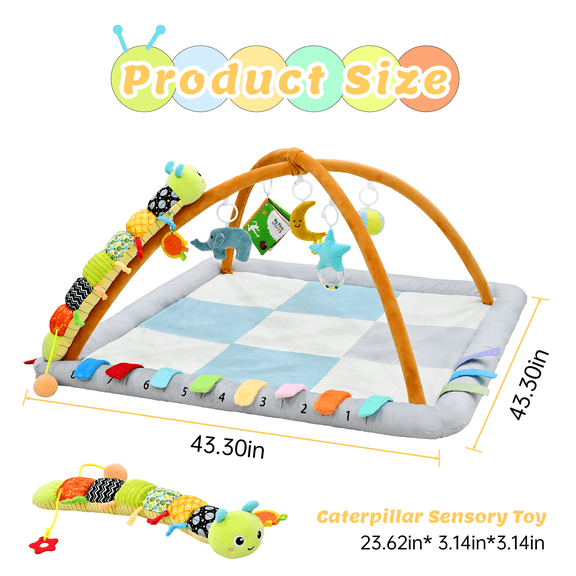 MIERES Infant Tummy Time Play Mat with Foldable Activity Arch & Sensory Toys, Baby Play Gym for Early Learning Development