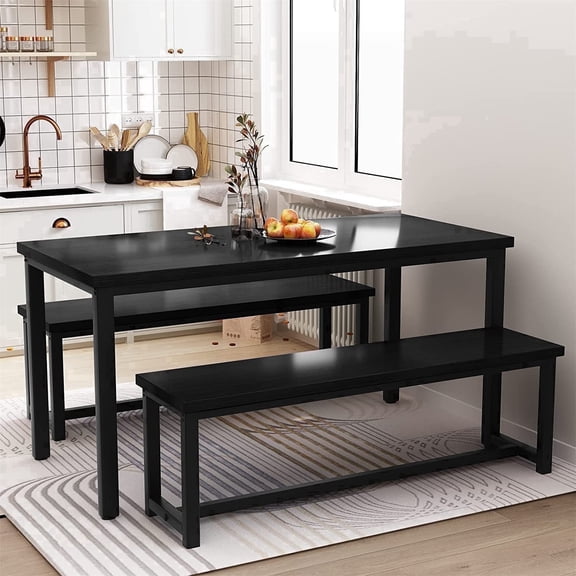 MIERES Kitchen Dining Set, 47-inch Rectangular Solid Wood Dining Table Set, 4-Seater Dining Set with Two Benches, Ideal for Apartments, Kitchens, and Dining Rooms, Black.