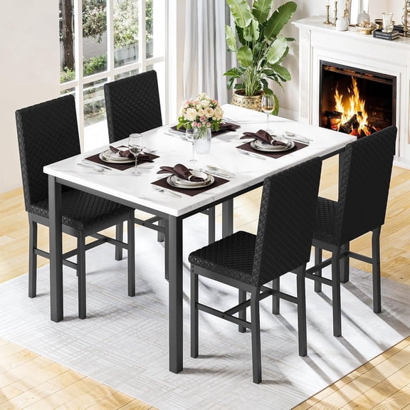 MIERES Kitchen Dining Set, Modern 5-Piece Table and Chair Set, 4-Person Dining Set, Marble-Look Kitchen Table with 4 Leather Chairs, Ideal for Apartments, Dining Rooms, and Small Spaces, White/Black