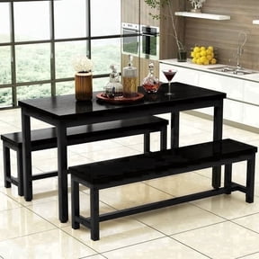 MIERES Kitchen Dining Set: Rectangular solid wood dining table with two benches, suitable for 2 to 4 people, small dining set, black