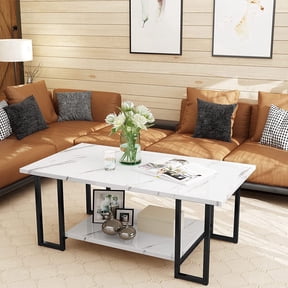 MIERES Coffee Table, Modern Faux Marble Top Coffee Table with Metal Frame and Storage Shelf, 2-Tier Rectangle Accent Cocktail Table for Living Room, Office (White & Black)