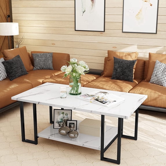 MIERES Coffee Table, Modern Faux Marble Top Coffee Table with Metal Frame and Storage Shelf, 2-Tier Rectangle Accent Cocktail Table for Living Room, Office (White & Black)