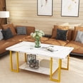 thumbnail image 1 of MIERES Coffee Table, Modern Faux Marble Top Coffee Table with Metal Frame and Storage Shelf, 2-Tier Rectangle Accent Cocktail Table for Living Room, Office, White Gold, 1 of 7