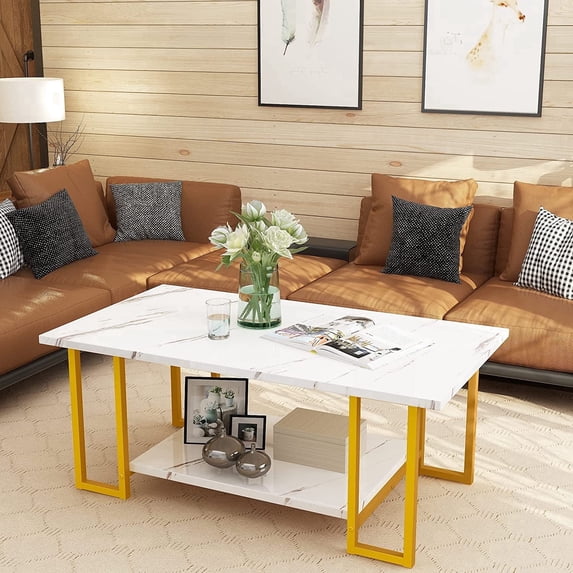 MIERES Coffee Table, Modern Faux Marble Top Coffee Table with Metal Frame and Storage Shelf, 2-Tier Rectangle Accent Cocktail Table for Living Room, Office, White Gold