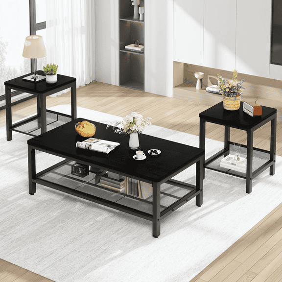 MIERES Living Room Coffee Table Set, Coffee Table and Side Table Combination, Metal Frame Coffee Table Set, Suitable for Living Rooms, Apartments, Offices, Black
