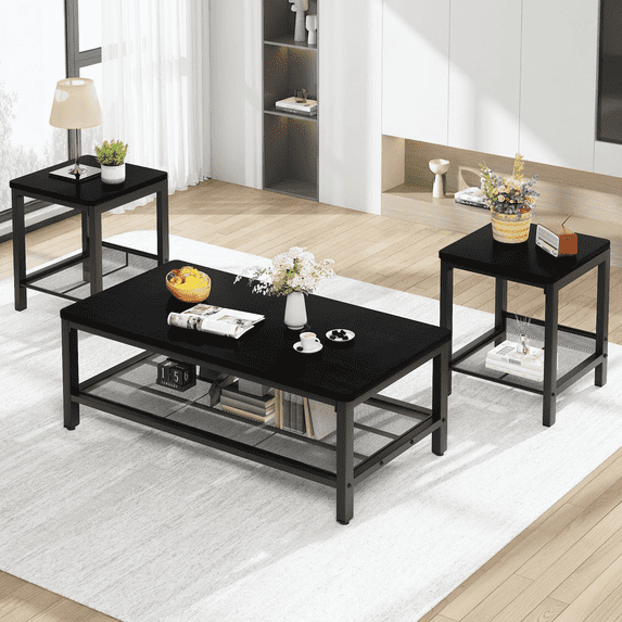 MIERES Living Room Coffee Table Set, Coffee Table and Side Table Combination, Metal Frame Coffee Table Set, Suitable for Living Rooms, Apartments, Offices, Black
