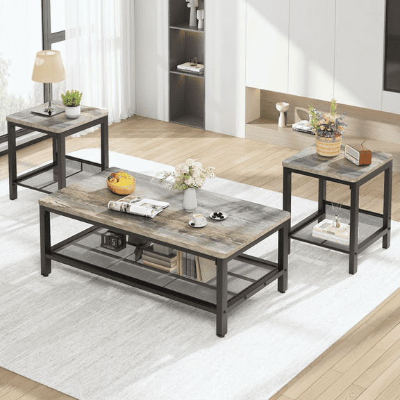 MIERES Living Room Coffee Table Set, Coffee Table and Side Table Combination, Metal Frame Coffee Table Set, Suitable for Living Rooms, Apartments, Offices, Farmhouse Gray
