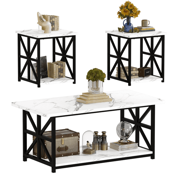 MIERES Modern 3 Piece Coffee Table Set with Storage Shelves, Wooden Top Living Room Center Table and End Tables, White