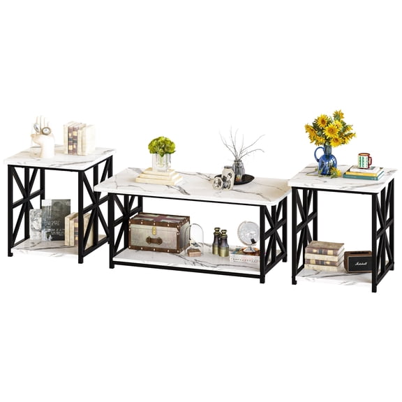 MIERES Marble Coffee Table Set, Modern 3-Piece Living Room Coffee Table Set with Storage Shelves, Sturdy and Durable Alloy Frame, Ideal for Living Rooms and Offices. White