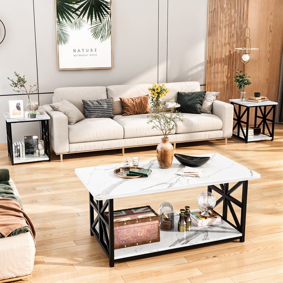 MIERES Modern 3 Piece Coffee Table Set with Storage Shelves, Wooden Top Living Room Center Table and End Tables, White