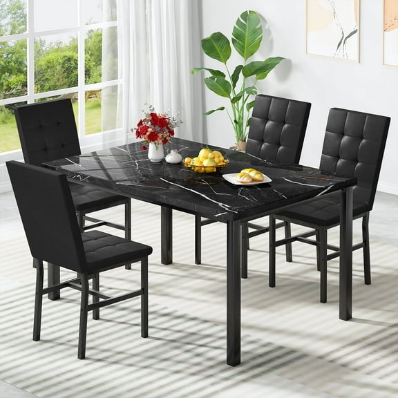 MIERES Marble Dining Table Set for 4, Faux Marble Kitchen Table and Chairs Set, Rectangle Dining Table with 4 Leather Dining Chairs, 5 Pieces Dinette Sets for Breakfast Nook, Apartment, Black
