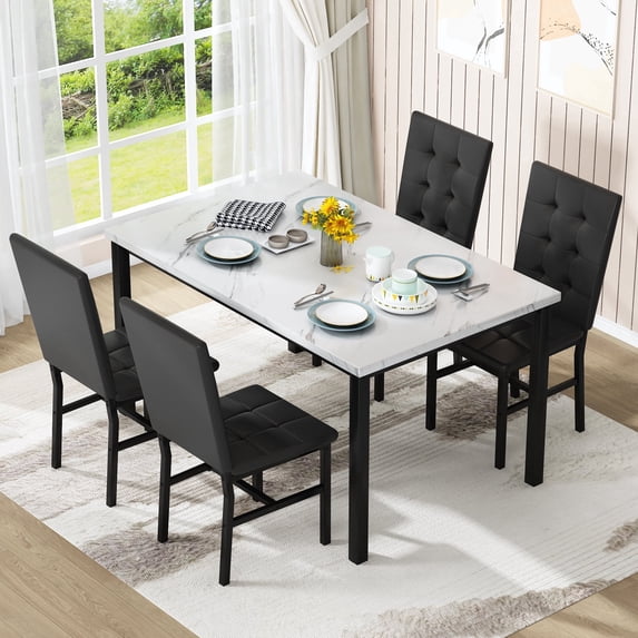 MIERES Marble Dining Table Set for 4, Faux Marble Kitchen Table and Chairs Set, Rectangle Dining Table with 4 Leather Dining Chairs, 5 Pieces Dinette Sets for Breakfast Nook, Apartment, White+Black