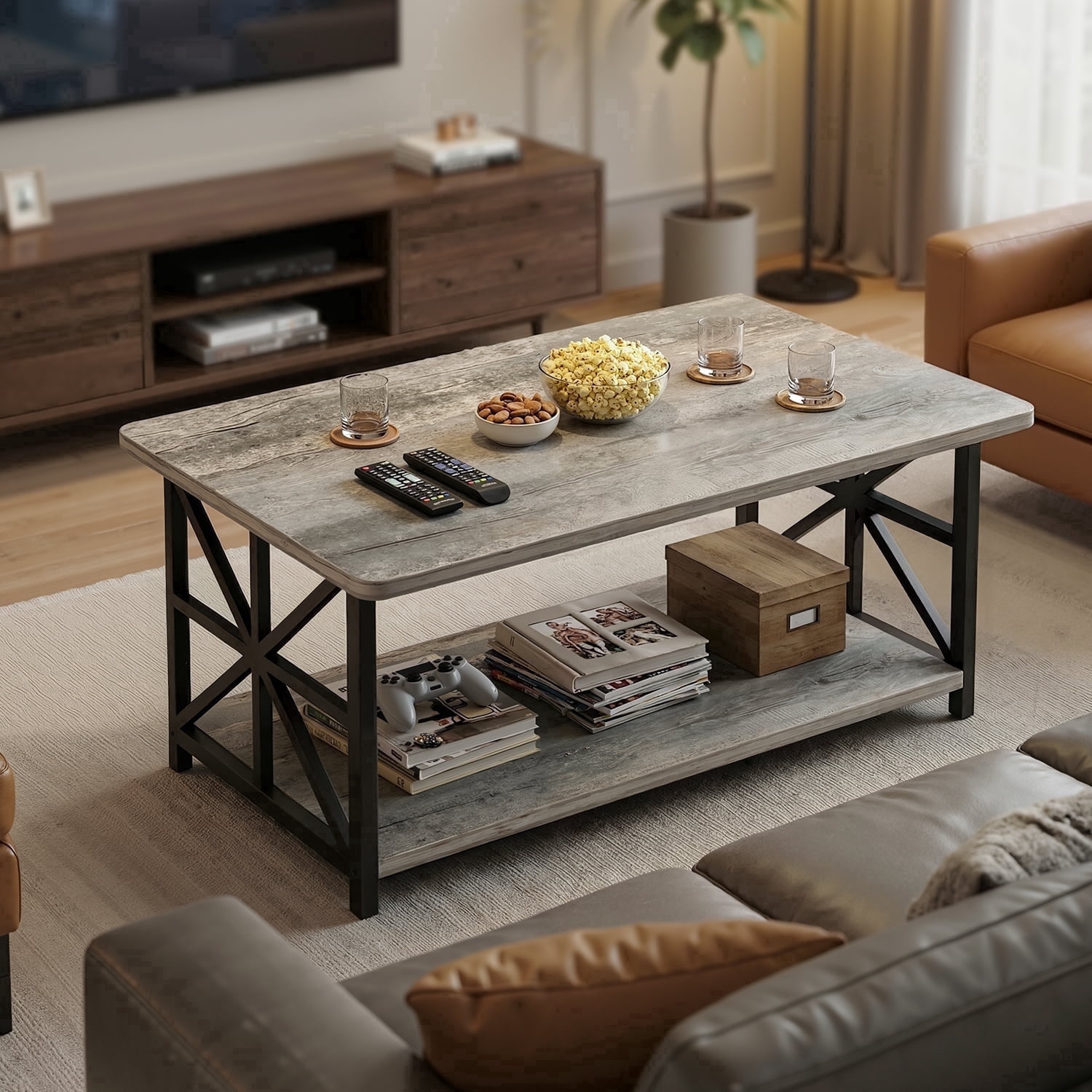 MIERES Marble-Effect Coffee Table, Rectangular Solid Wood Coffee Table, Living Room Center Table, Coffee Table with Storage Shelf, Suitable for Living Rooms, Offices, Apartments, Gray