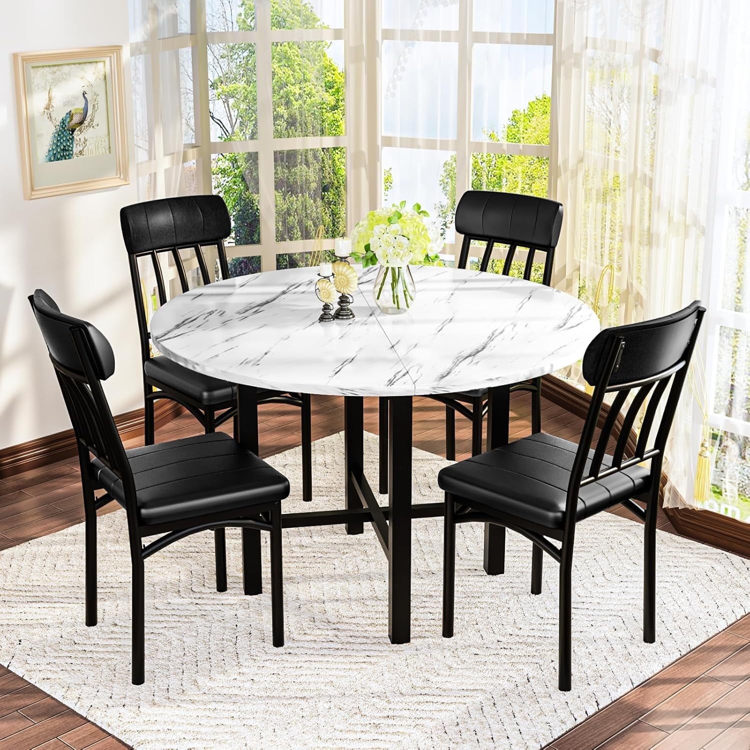 MIERES Marble-Effect Kitchen Dining Table Set Round Dining Table and Chair Set Includes 4 Leather-Backed Chairs Ideal for Kitchens, Apartments, and Compact Dining Areas