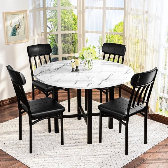 MIERES Marble-Effect Kitchen Dining Table Set Round Dining Table and Chair Set Includes 4 Leather-Backed Chairs Ideal for Kitchens, Apartments, and Compact Dining Areas