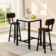 MIERES Square Marble Dining Table Set, 2-Seater Kitchen Dining Set with Two Bar Stools, Compact Dining Table, White